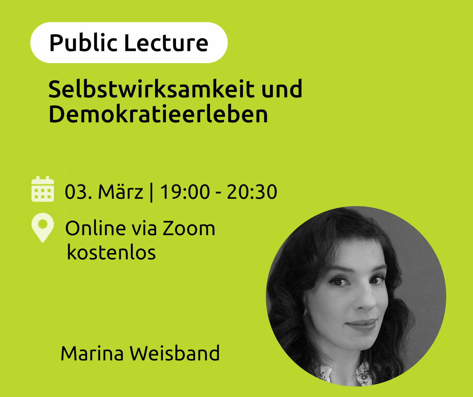 Porträt von Marina Weisband auf einem farbigen Untergrund mit den Veranstaltungsdaten.